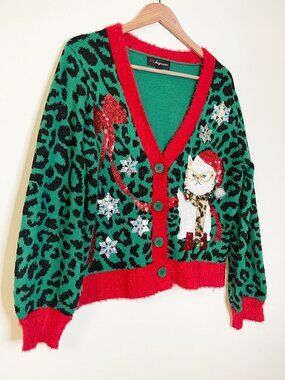 33 Degrees Christmas Cat Cardigan M Green Leopard Sequin Ugly Sweater Maximalist